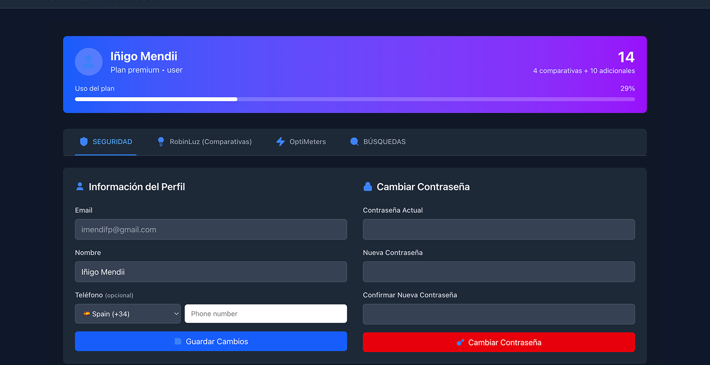 OptiDashboard antes del rediseno, con el banner del plan y dos filas de pestanas